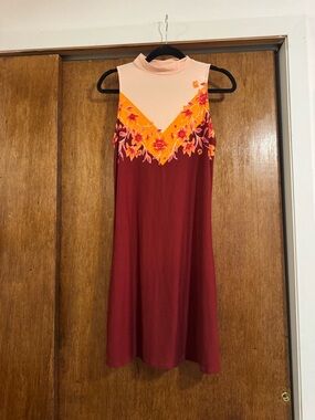 Mudd Sleeveless Burgundy Midi Dress with Peach and Orange Floral Yoke